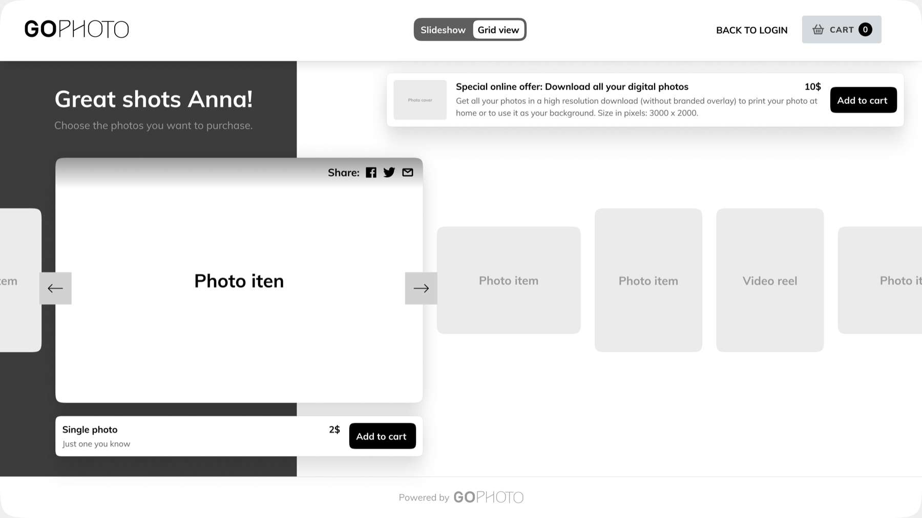 The rejected desktop slideshow: a large photo preview on the left with previous and next arrows, a row of thumbnails to the right, a Slideshow / Grid view toggle in the header, and a single photo and a full download offer priced beside them
