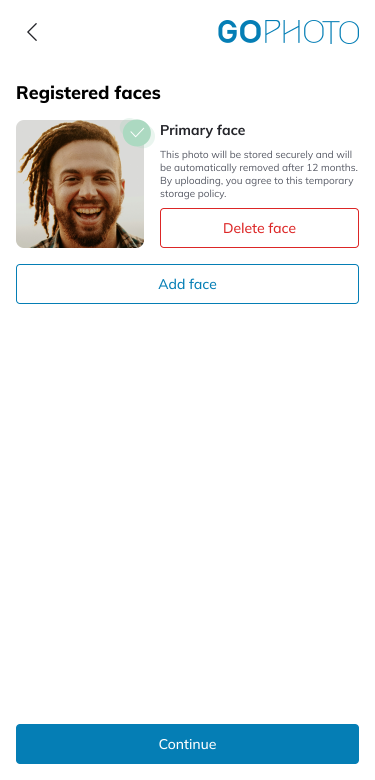 Registered faces: the primary face with a note that it is removed after 12 months, plus delete face and add face