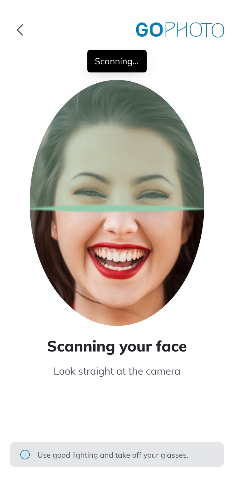 Scanning your face: the same view mid-scan, with a scan line crossing the frame and a &ldquo;Scanning&rdquo; badge