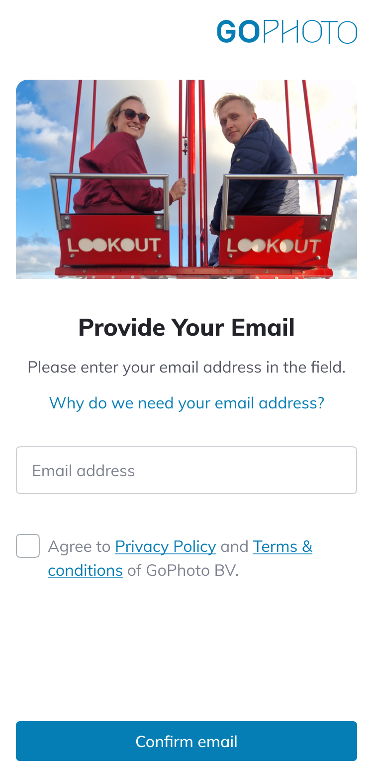 Provide your email: an email field over the photo gallery, with the terms and privacy consent below it