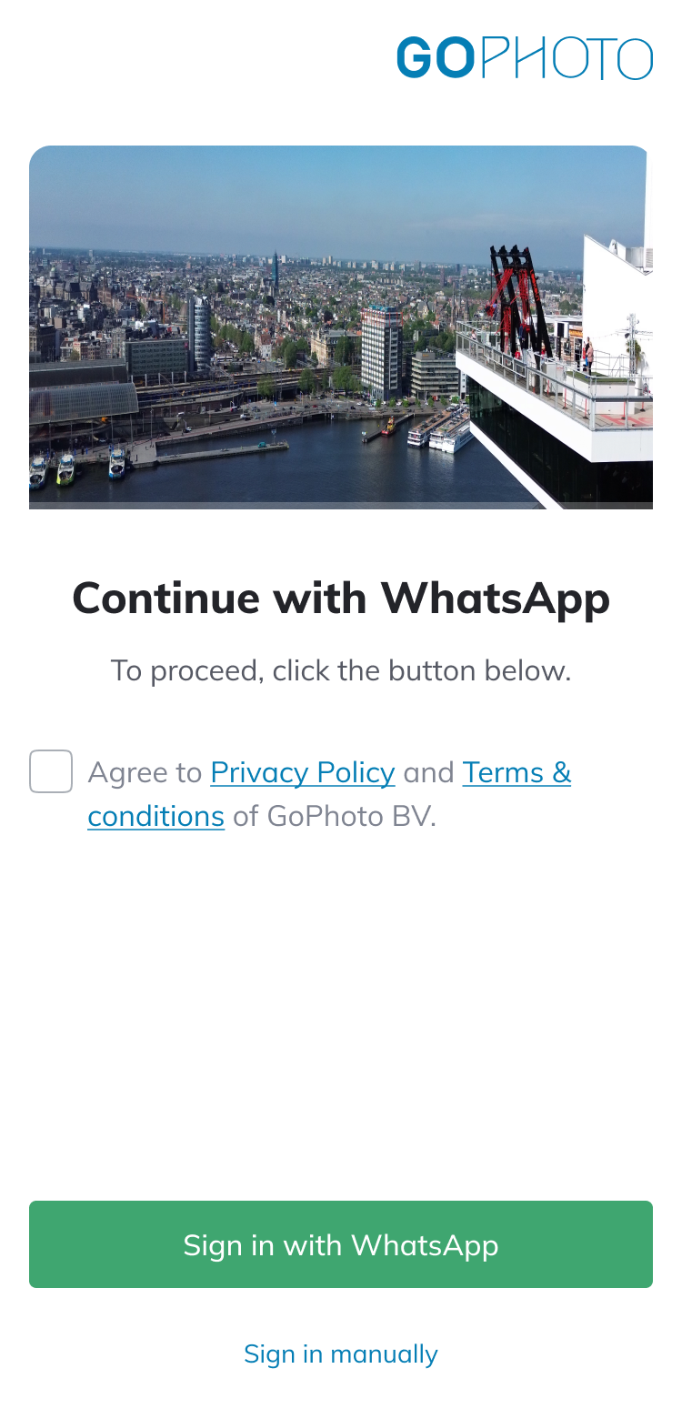 Continue with WhatsApp: the alternative way to receive the gallery link, over the same photo grid
