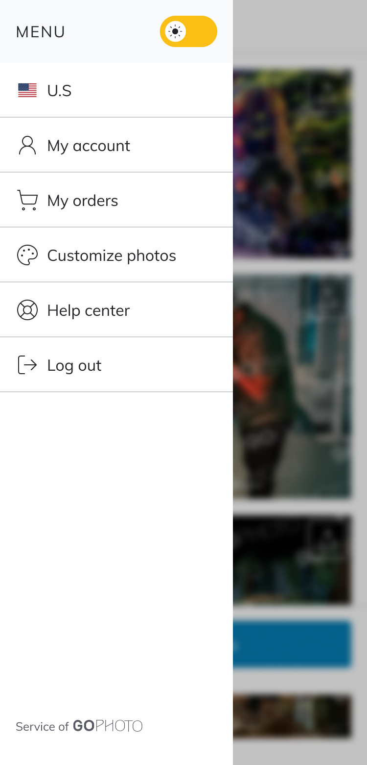 The menu drawer: locale switch, my account, my orders, customize photos, help center and log out