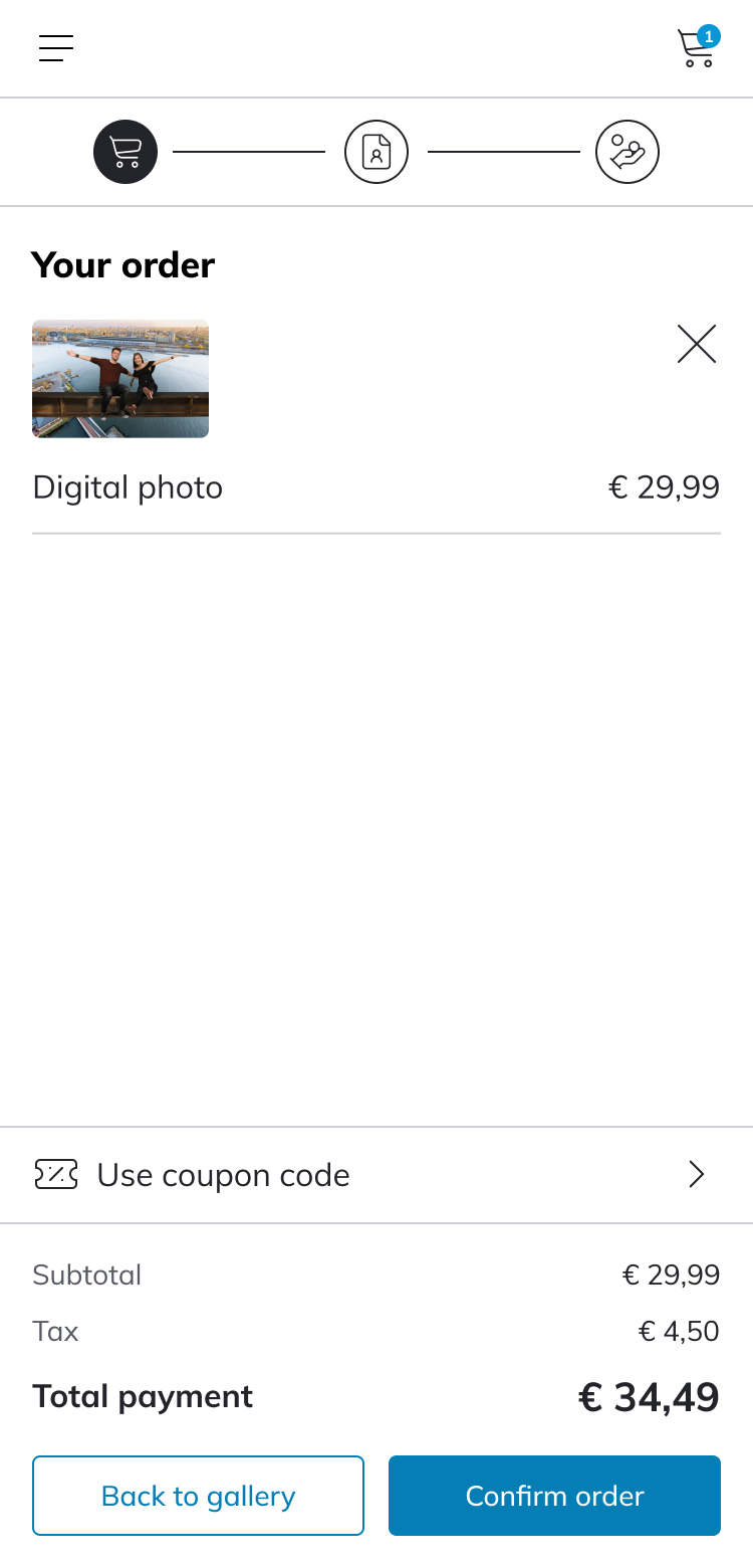 Your order: a digital photo at 29,99, a coupon field, and the subtotal, tax and total payment of 34,49